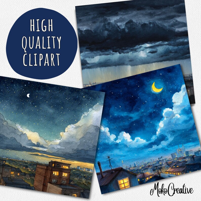 Watercolor Rooftop Night Clipart: Starry Sky Cityscape (PNG Digital ...