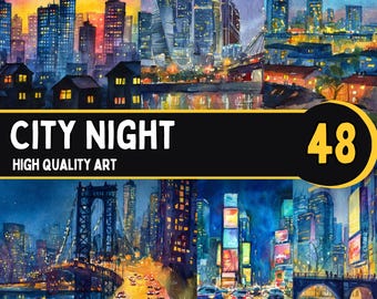Watercolor City Night Clipart PNG: Urban Landscape Art, Cityscape (Instant Download)