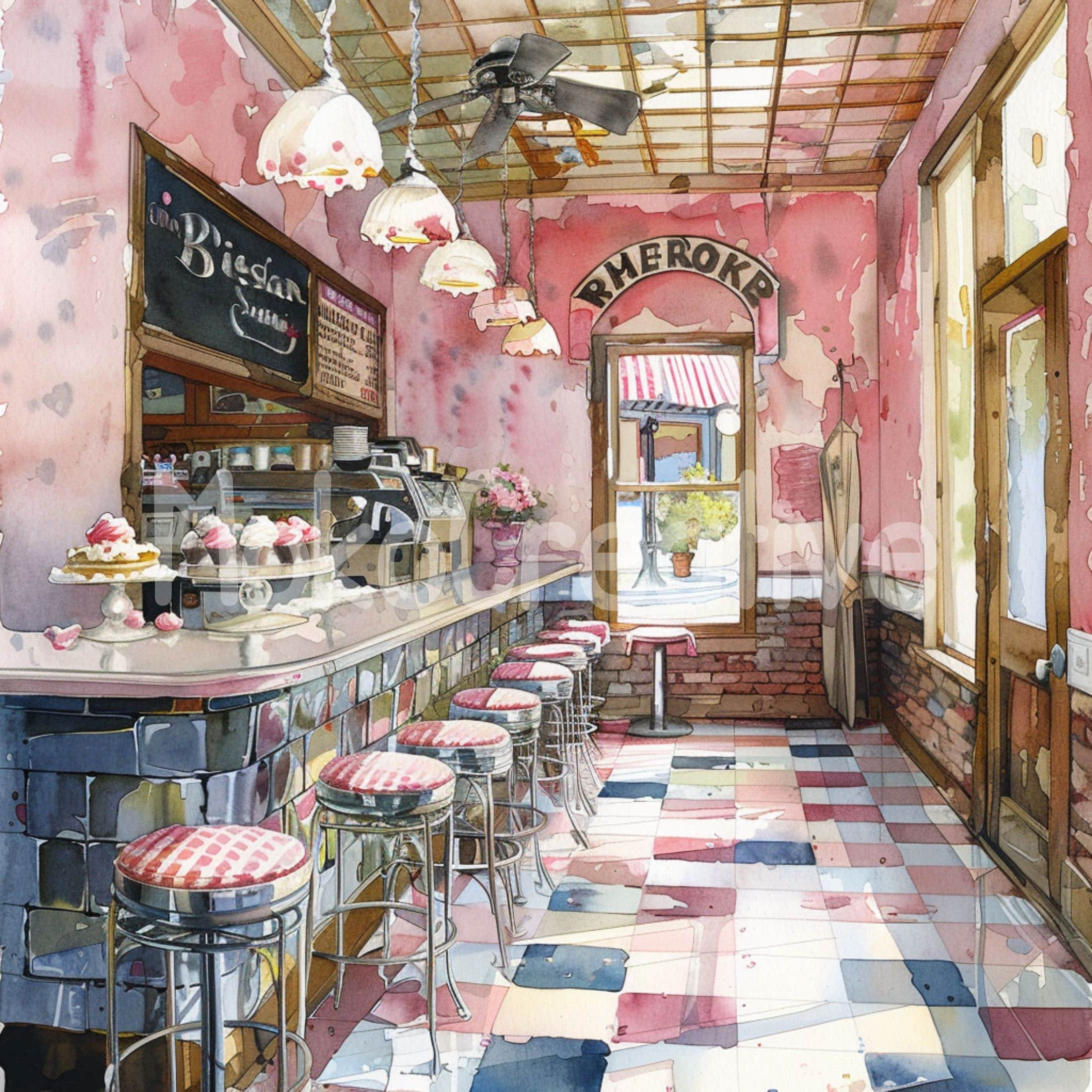 Retro Ice Cream Parlor Watercolor Art Print: Commercial Use (digital ...