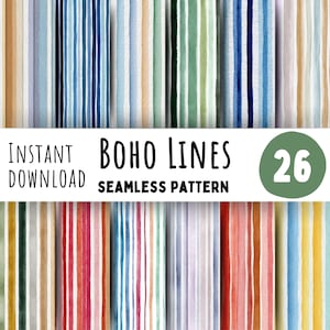 Puede incluir: Patrones sin costuras de estilo acuarela con rayas verticales en varios colores, incluyendo azul, verde y rojo. Se muestra el texto "INSTANT DOWNLOAD" y "BOHO LINES SEAMLESS PATTERN". También hay un círculo verde con el número "26".