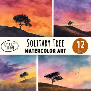 12 modèles d'arbres solitaires de haute qualité, arbre aquarelle dans un champ, art mural, fabrication de cartes, impression numérique, usage commercial, téléchargement immédiat