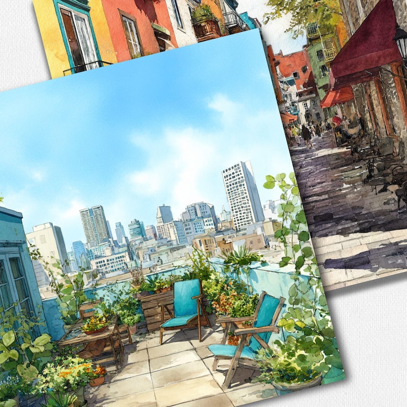 Op de afbeelding: Aquarelprints met stadsgezichten en architectuursc&egrave;nes. E&eacute;n print toont een daktuin met blauwe stoelen en groen, met uitzicht op een skyline onder een blauwe lucht. Andere prints tonen kleurrijke gebouwen en een geplaveide straat.
