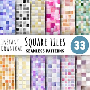 May include: A digital download graphic featuring 33 seamless square tile patterns in various colors. The patterns include watercolor designs in shades of blue, gray, yellow, pink, orange, and purple. Text reads "Instant Download Square Tiles Seamless Patterns".