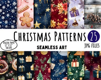 25 Watercolor Christmas Patterns: Festive Digital Paper (Commercial Use, Instant Download)