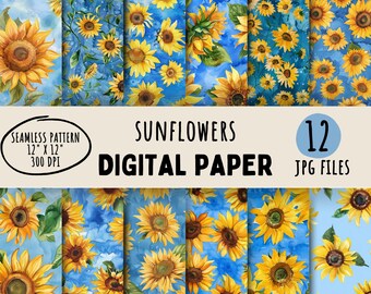 Sunflower Digital Paper: Blue Sky Seamless Patterns (Commercial Use)