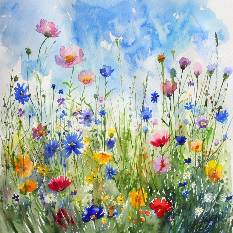 Watercolor Wildflower Field Art: Summer Floral Print (digital Download ...
