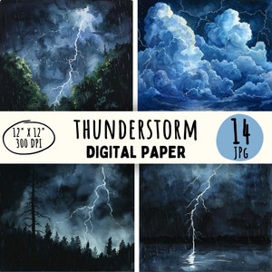 May include: Four digital paper designs featuring watercolor illustrations of stormy skies with lightning bolts. The designs include a dark sky with lightning over a forest, a dark sky with lightning over a lake, a dark sky with lightning and a stormy sky with clouds.