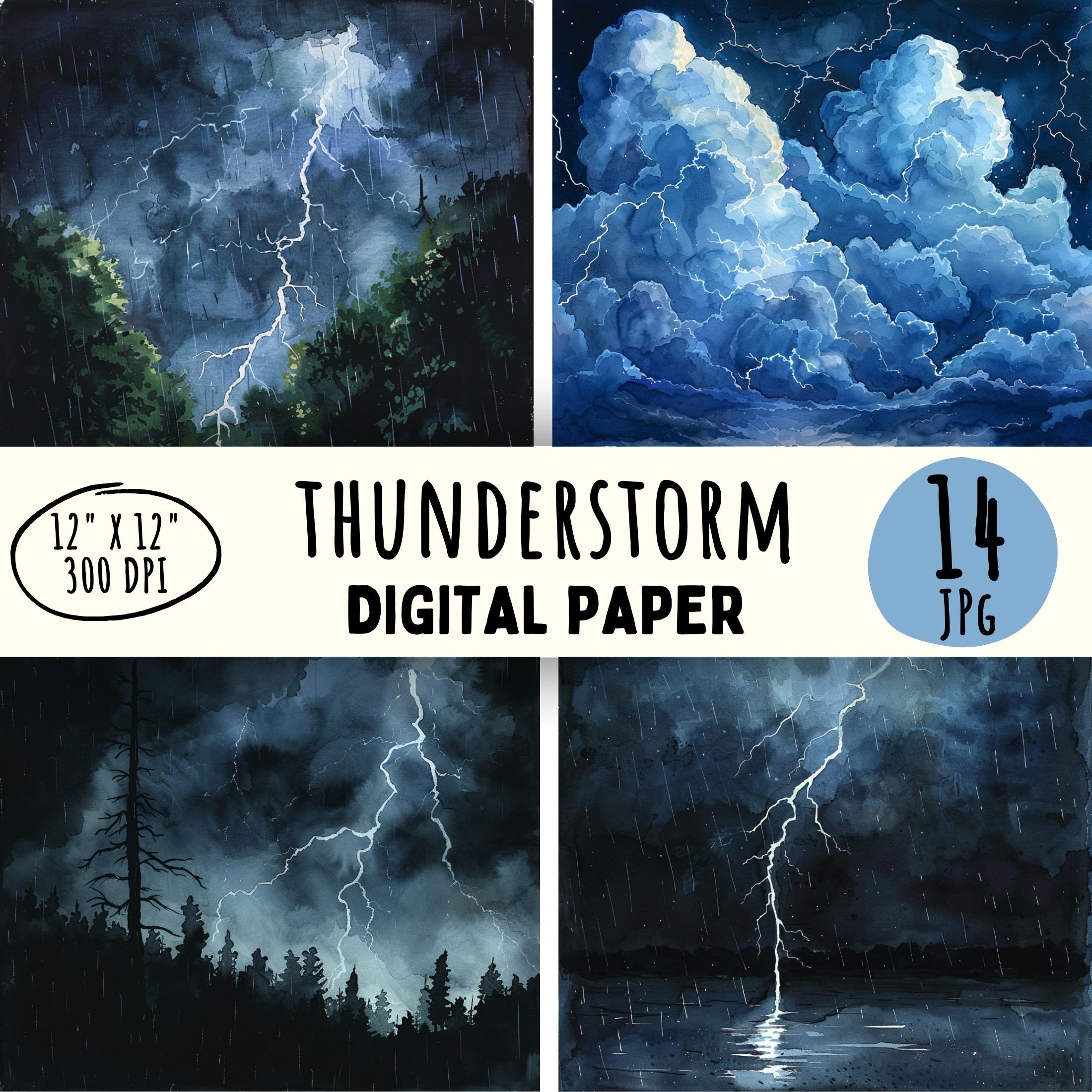 Watercolor Thunderstorm Clipart: Lightning Bolt Art, Commercial Use (Digital Download)