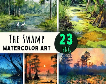 Watercolor Swamp Landscape Clipart: Wetlands, Bayou, Marsh (PNG Digital Download)