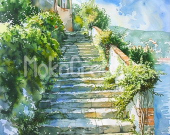 Watercolor Italy Stairs Print: Romantic Town Street (Digital Download)
