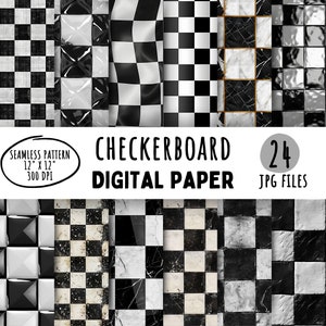 Puede incluir: Un conjunto de 24 diseños de papel digital con varios patrones de tablero de ajedrez. Los patrones incluyen tablero de ajedrez blanco y negro, mármol y diseños texturizados. Cada diseño mide 30,5 cm por 30,5 cm y 300 DPI.