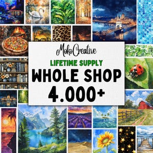 HELE SHOP 4.000+ aquarelkunst levenslange levering, megabundel landschapsillustratie, patroon digitale print, commercieel gebruik, direct downloaden