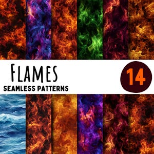 May include: A collection of 14 seamless flame patterns in various colors, including orange, red, purple, and green. The word "FLAMES" is written in black, and the number "14" is in a dark red circle.
