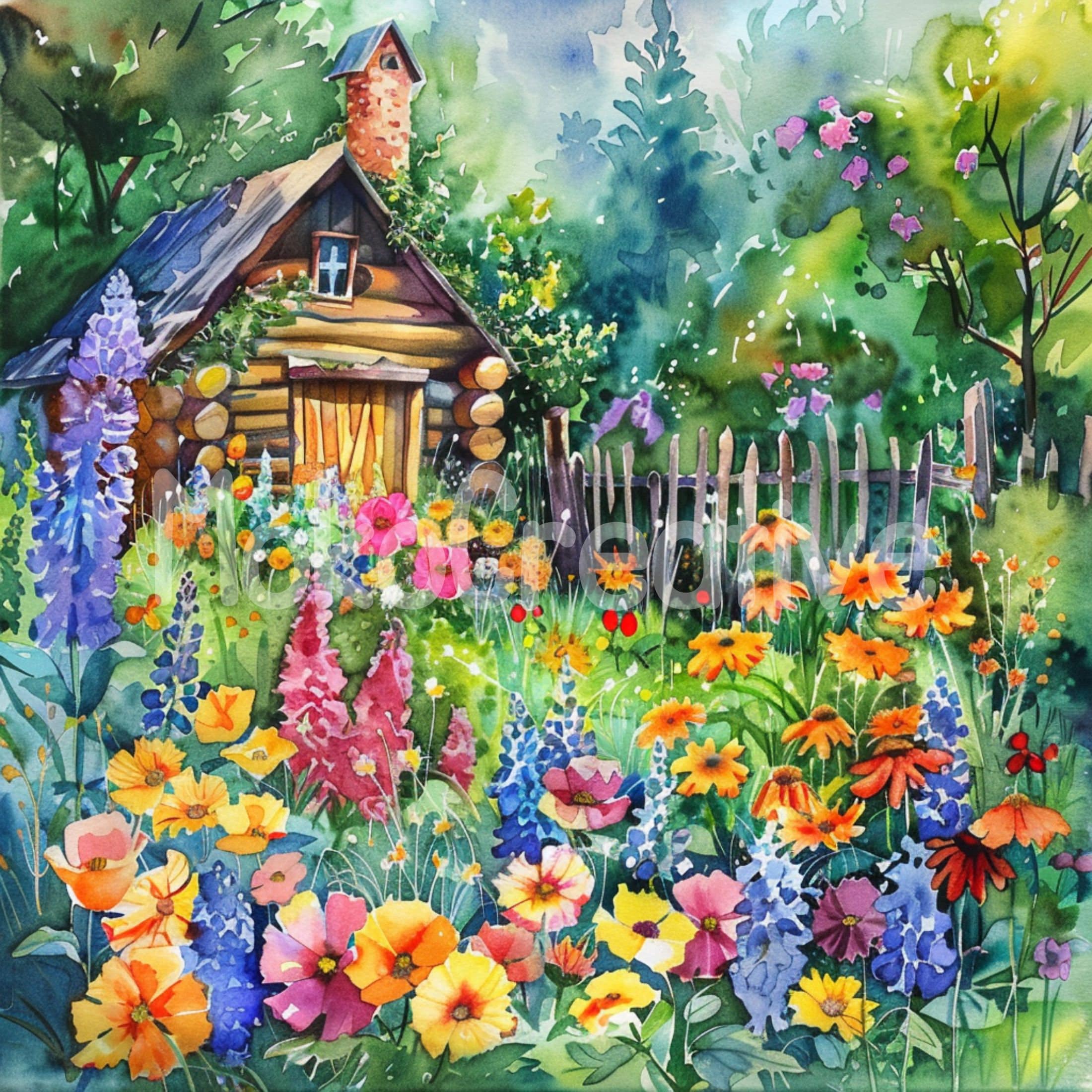 水彩画フラワーガーデンアート：夏の花のデザイン（デジタルプリント