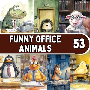 May include: Watercolor illustrations of funny office animals, including an alligator, hedgehog, sheep, penguin, chicken, horse, and bear. Each animal is depicted in a business setting, wearing office attire. The image includes the text "FUNNY OFFICE ANIMALS 53".