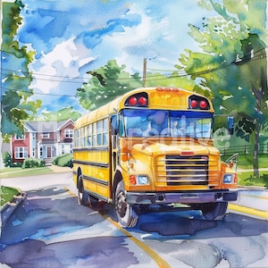 Puede incluir: Un autobús escolar amarillo con un conductor y un pasajero dentro, conduciendo por una calle con una casa a la izquierda y árboles a la derecha.