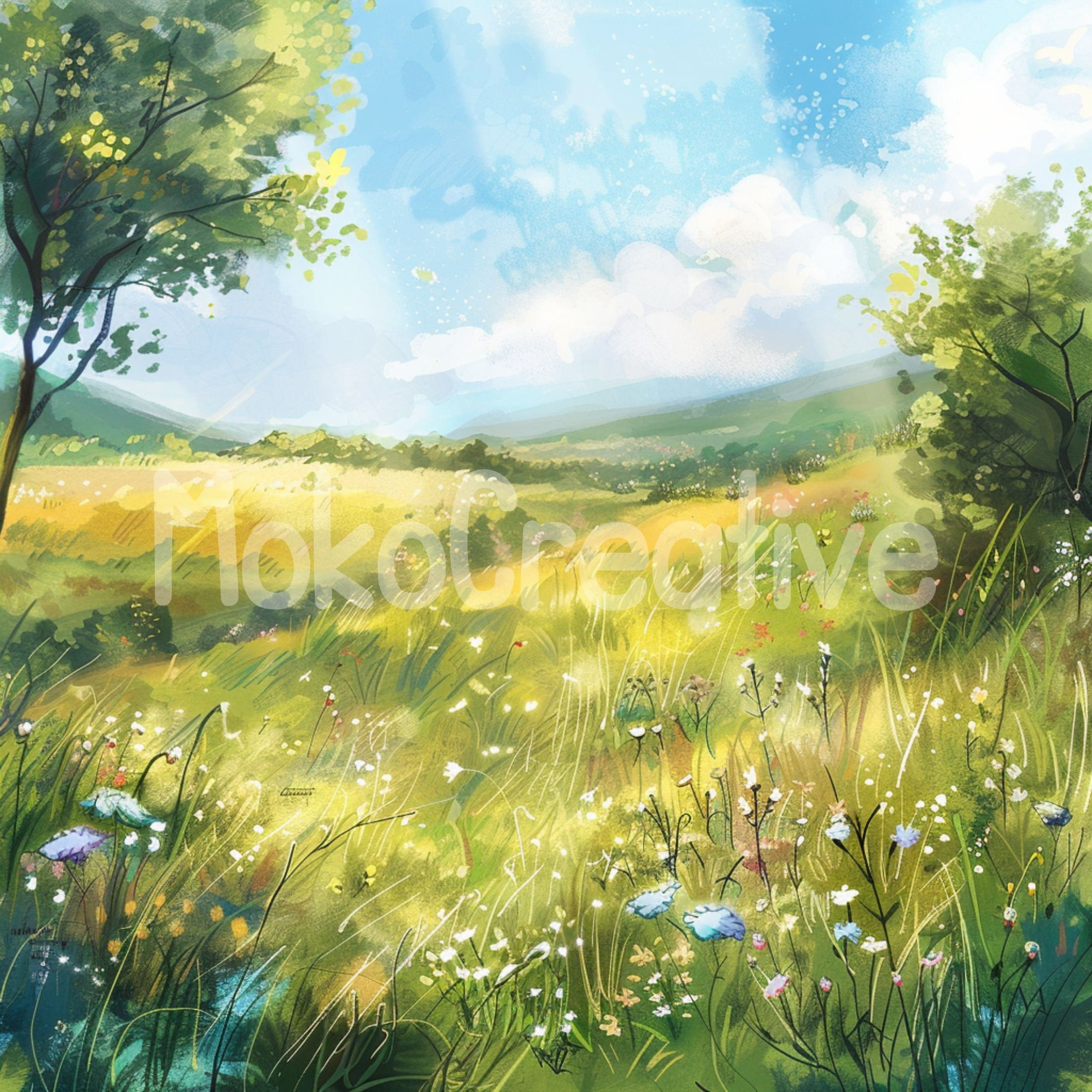 水彩画　野原の春　値段は※900円です 水彩画「野の花の草原」プリント：春の野原アート（デジタル