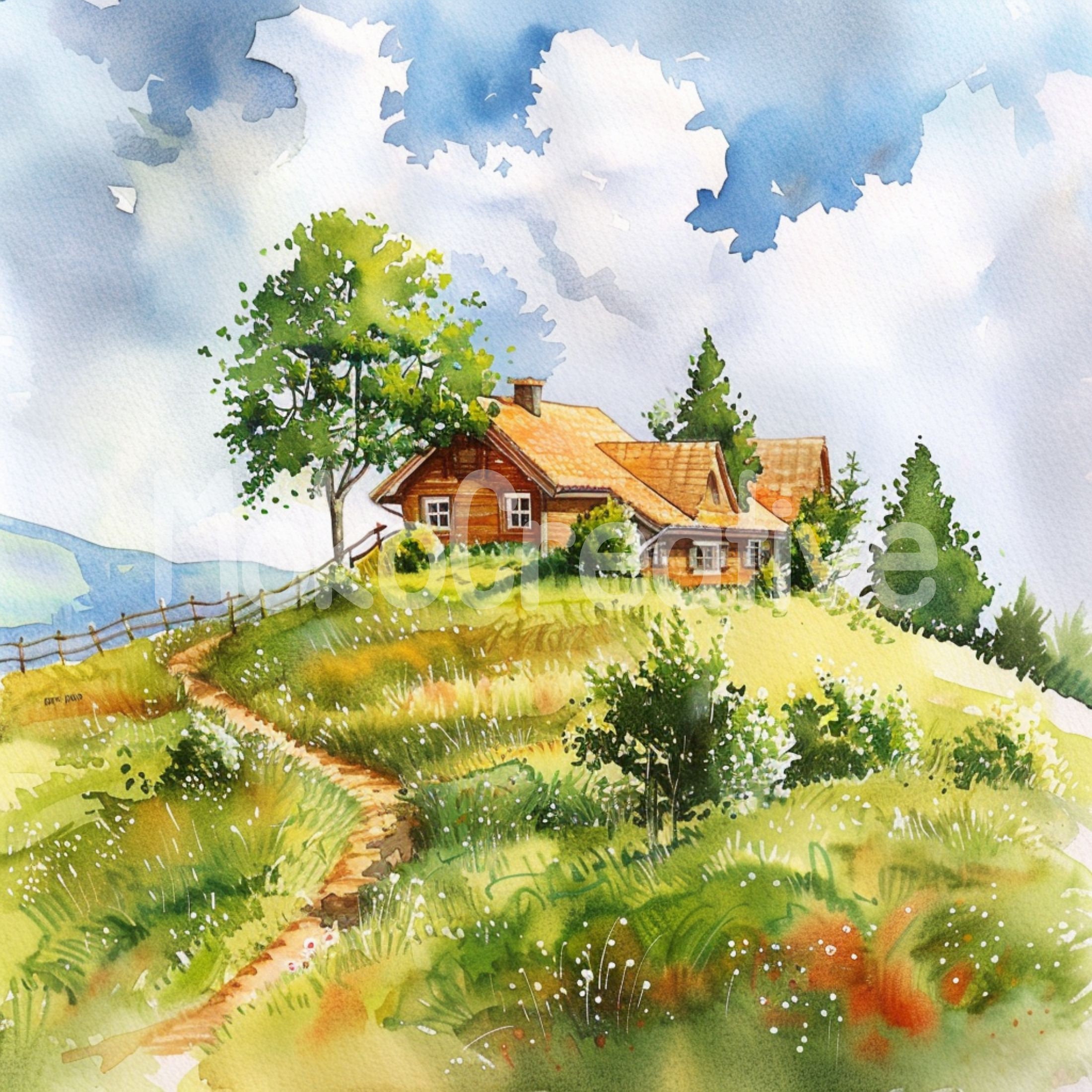水彩画の農家風景画アートプリント：夏の田園風景（デジタル