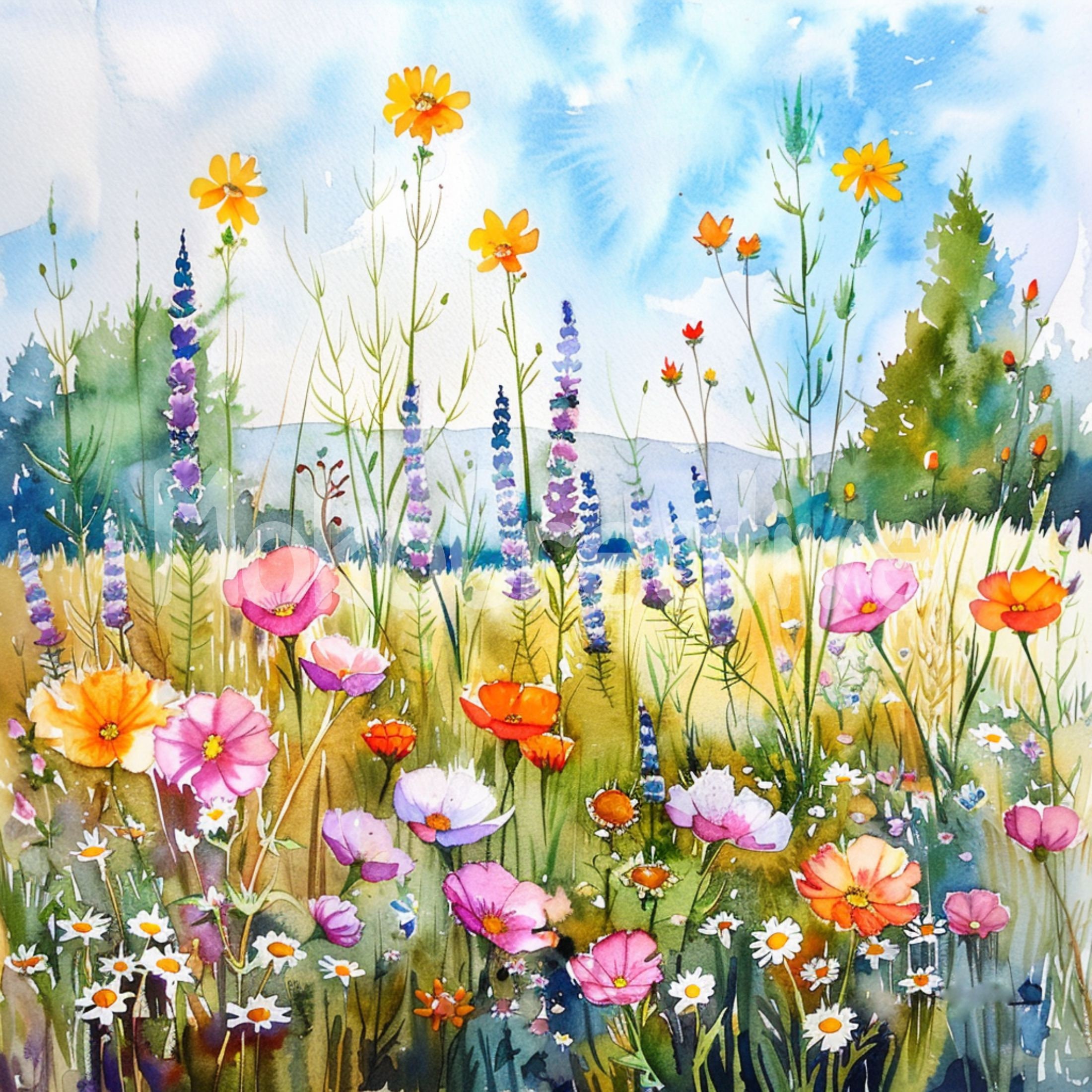 Watercolor Wildflower Field Art: Summer Floral Print (digital Download ...