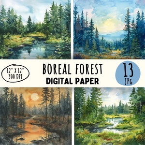 13 hochwertige Waldlandschaft Designs, Aquarell Borealer Wald, Waldgebiet Natur Digital Druck Handwerk Kommerzielle Nutzung Sofort-Download