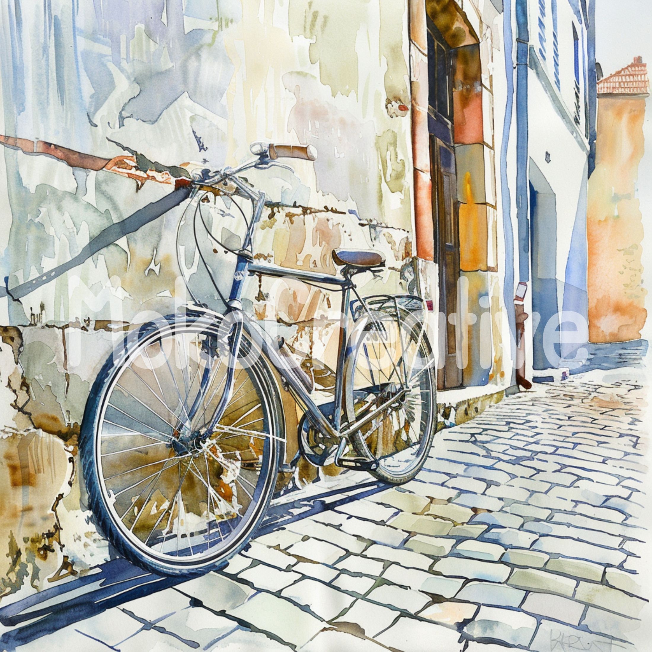 水彩画の自転車プリント：傾いた自転車のウォールアート（デジタル