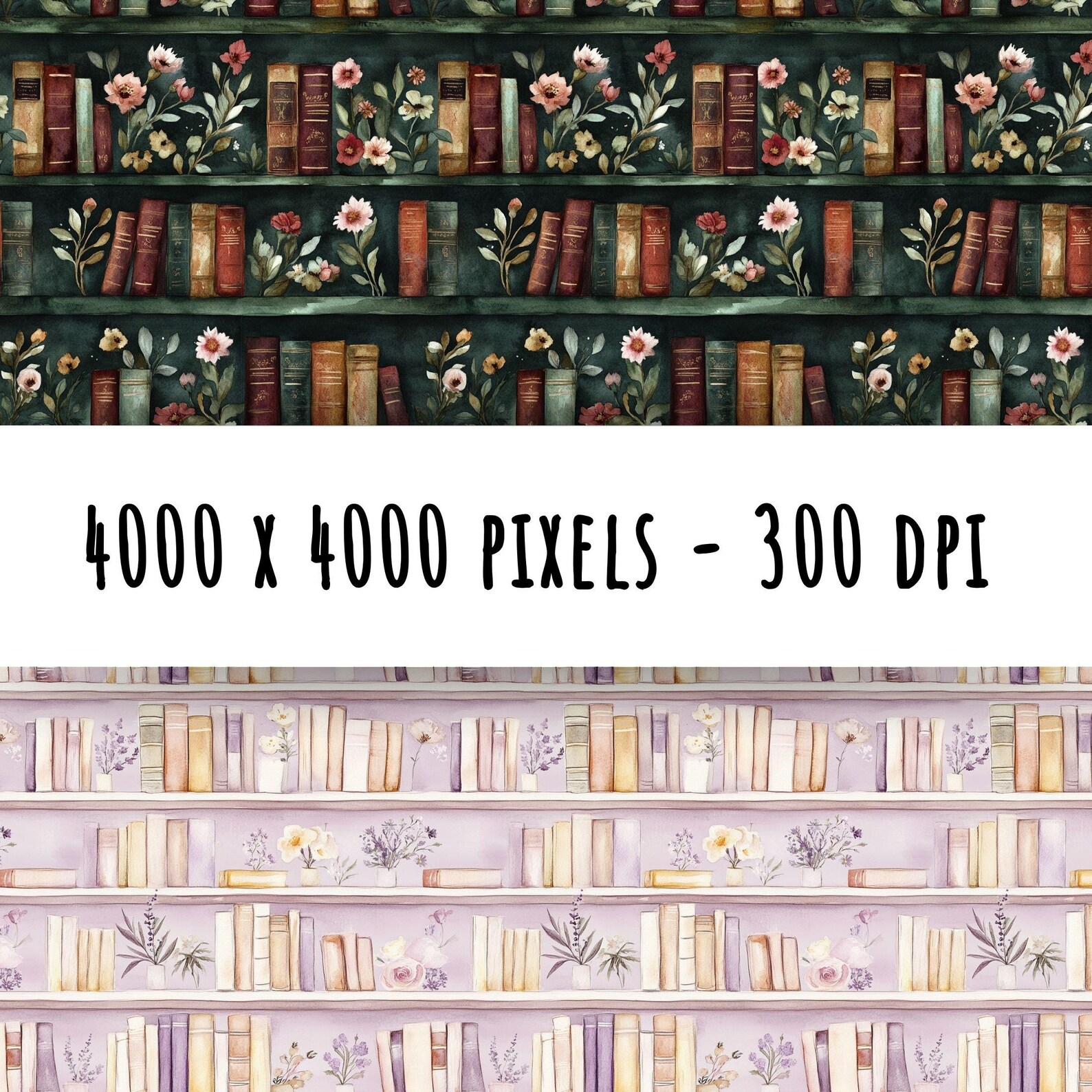 Floral Bookshelf Digital Paper: Watercolor Library Seamless Pattern ...