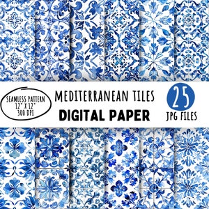 25 Mittelmeer Fliesen Digitale Papiere, Aquarell portugiesische Azulejo Fliesen, nahtlose blaue und weiße Fliesen, kommerzielle Nutzung, Instant Download