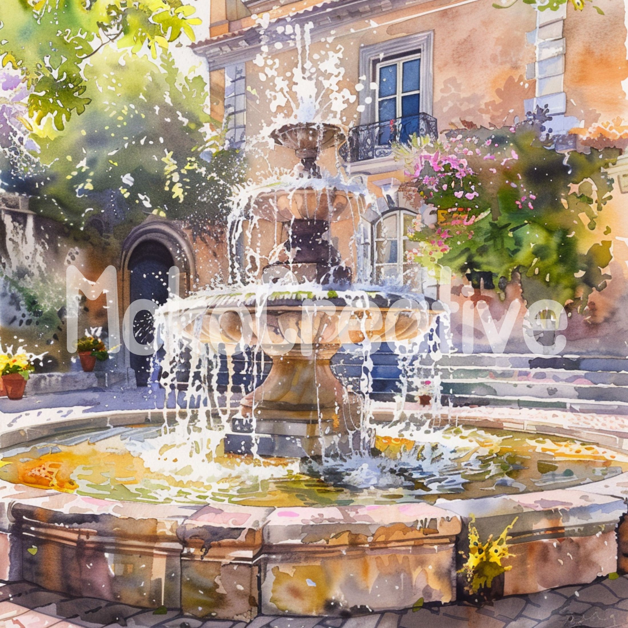 絵画 water fountain Watercolor Fountain Art Print: Summer City Design (digital