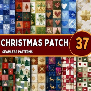 May include: A collection of 37 Christmas-themed seamless patterns. The patterns feature various holiday designs, including Christmas trees, snowflakes, hearts, and gift boxes. The patterns are displayed in a patchwork style with a variety of colors and textures.