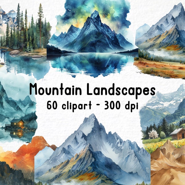 Watercolor Mountain Landscape Clipart, 60 PNG, digital graphics, Mountain range, for commercial use instant download commercial use