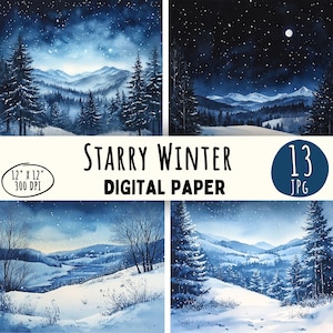 13 Aquarelle nuit d'hiver étoilée JPG, paysage enneigé, art mural givré froid, fabrication de cartes, numérique, usage commercial, téléchargement immédiat