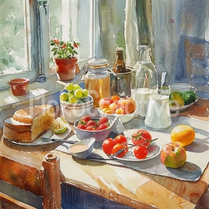 May include: A watercolor painting of a still life with a variety of fruits, vegetables, and baked goods. The scene includes a loaf of bread, a bowl of strawberries, a bowl of grapes, a bowl of tomatoes, a bowl of apples, and a glass of milk. The painting is set on a wooden table with a window in the background.
