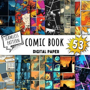 53 papeles digitales de cómics, patrones de páginas de cómics sin costuras, diario basura, sublimación de superhéroes, uso comercial, descarga instantánea
