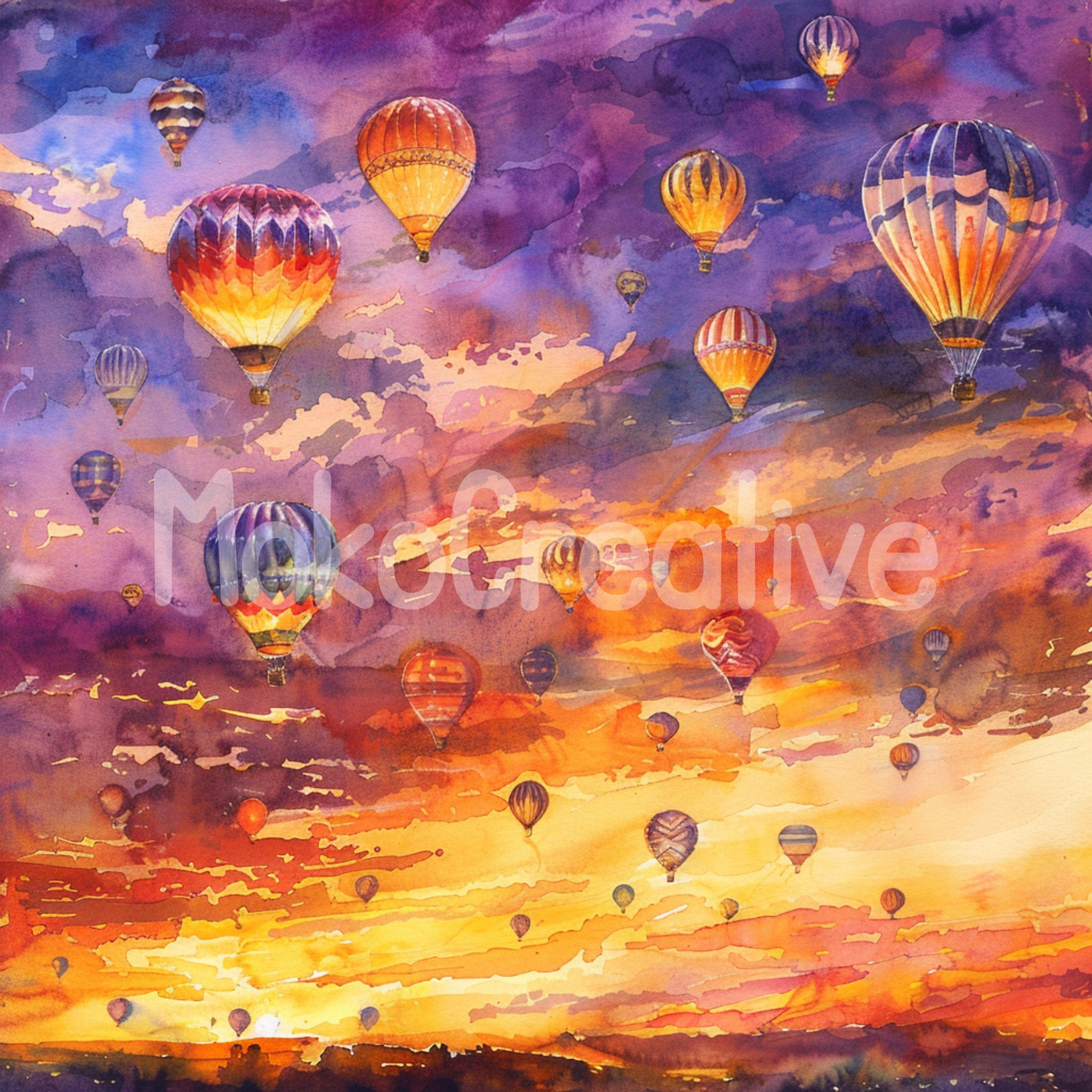 水彩画 熱気球 夕焼け アート：ロマンチックな空のデザイン（デジタル