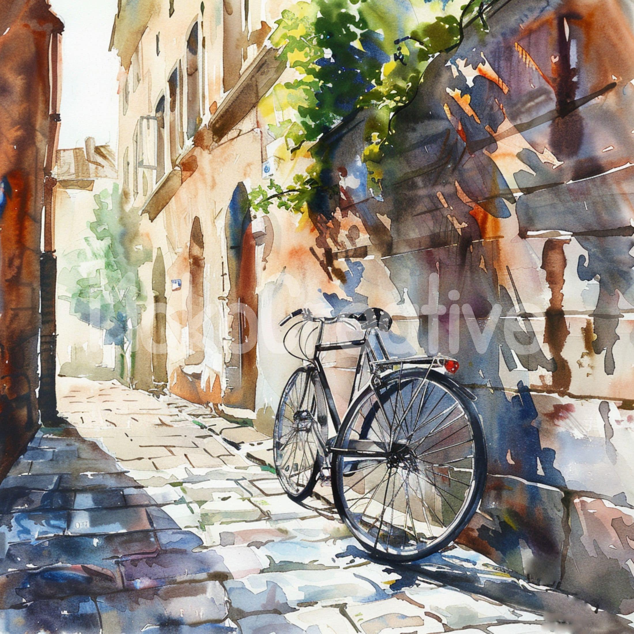 水彩画の自転車プリント：傾いた自転車のウォールアート（デジタル