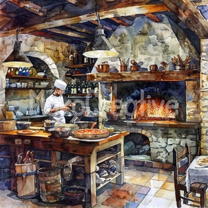 10 pizzakeukenontwerpen van hoge kwaliteit, aquarel Italiaans restaurant, kunst aan de muur, kaarten maken, digitale print, commercieel gebruik Instant Download