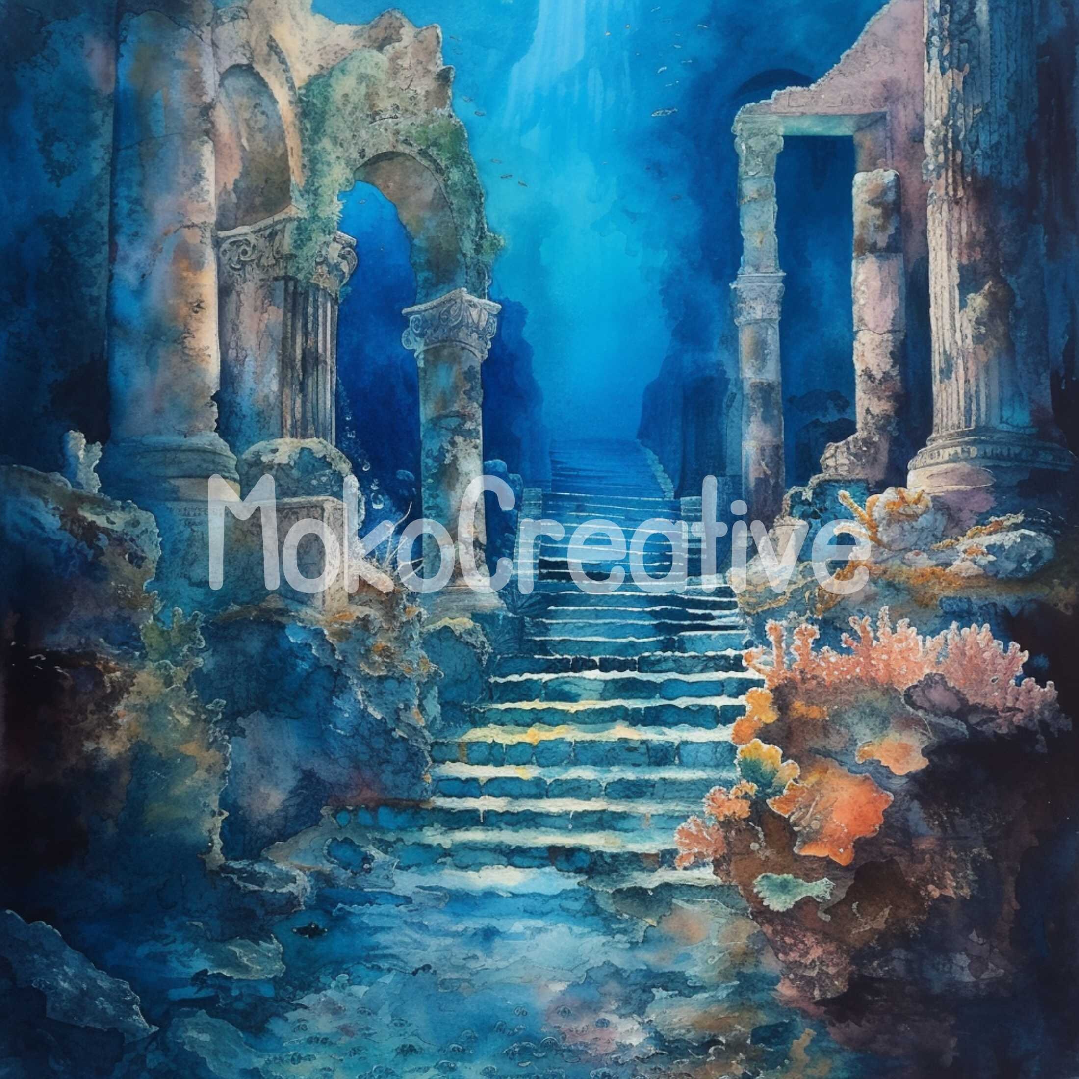 Watercolor Atlantis Print: Underwater City Wall Art (digital