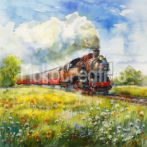 8 diseños de locomotoras de verano de alta calidad, arte mural de trenes en acuarela, creación de tarjetas ferroviarias, impresión digital, uso comercial, descarga instantánea