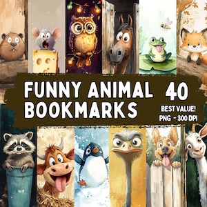 May include: A collection of 40 "Funny Animal Bookmarks" featuring various cartoon animals. The bookmarks showcase a variety of creatures, including a beaver, mouse, owl, horse, frog, fox, raccoon, cow, penguin, ostrich, dog, and goat.