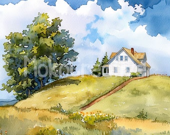 水彩画の農家風景画アートプリント：夏の田園風景（デジタル