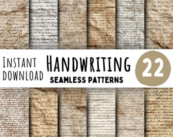 Op de afbeelding: Een verzameling van 22 naadloze handschriftpatronen in verschillende bruin- en beigetinten. De afbeelding bevat de tekst "Instant Download Handwriting Seamless Patterns". De patronen bevatten verouderde papiertapeten met handschrift.