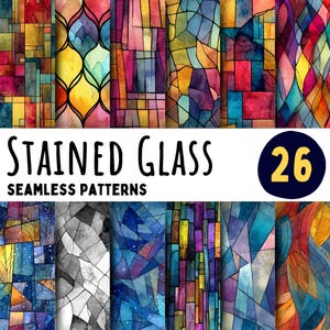 Stained Glass Pattern 26 PNG, Seamless Mosaic Textures, Colorful Geometric Backgrounds, Watercolor Digital Papers, Instant Download