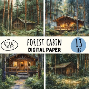 13 hoogwaardige boshutontwerpen, aquarel hut in het bos, houten hut, camping digitale print ambacht commercieel gebruik direct downloaden