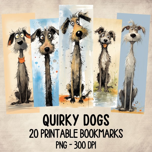 20 Quirky Dogs Bookmark Printables, High Quality Watercolor Funny Dog Caricature Card Making, Digital Print, Commercial Use Instant Download