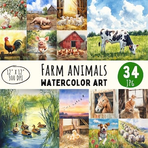 34 Aquarell Designs auf dem Bauernhof, niedlicher Kuh Bauernhof für Kinder, Wandkunst, Pferd Kartenherstellung, Digitaldruck, kommerzielle Nutzung, sofortiger Download