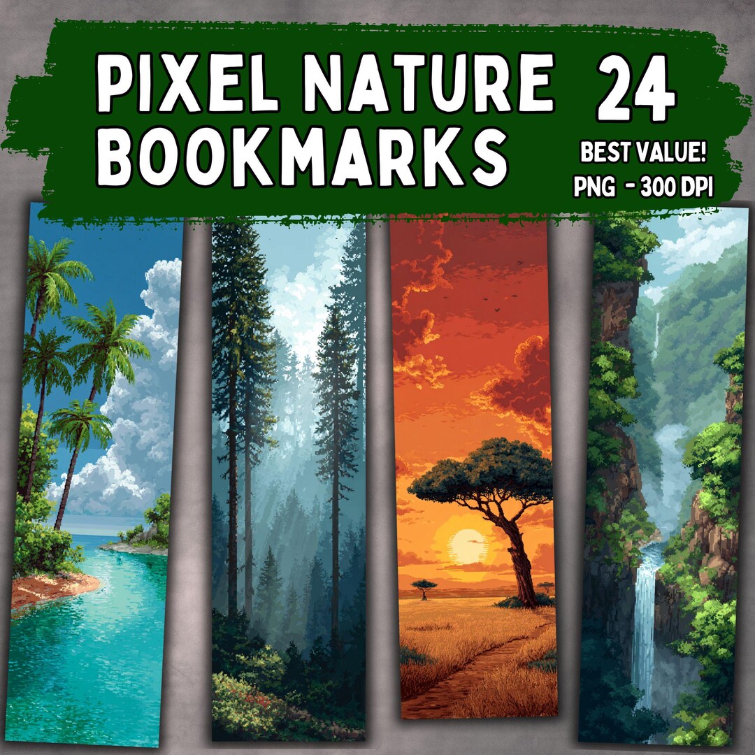 Pixel Nature Bookmarks 24 PNG, Retro Pixel Art Landscape Set, Forest ...