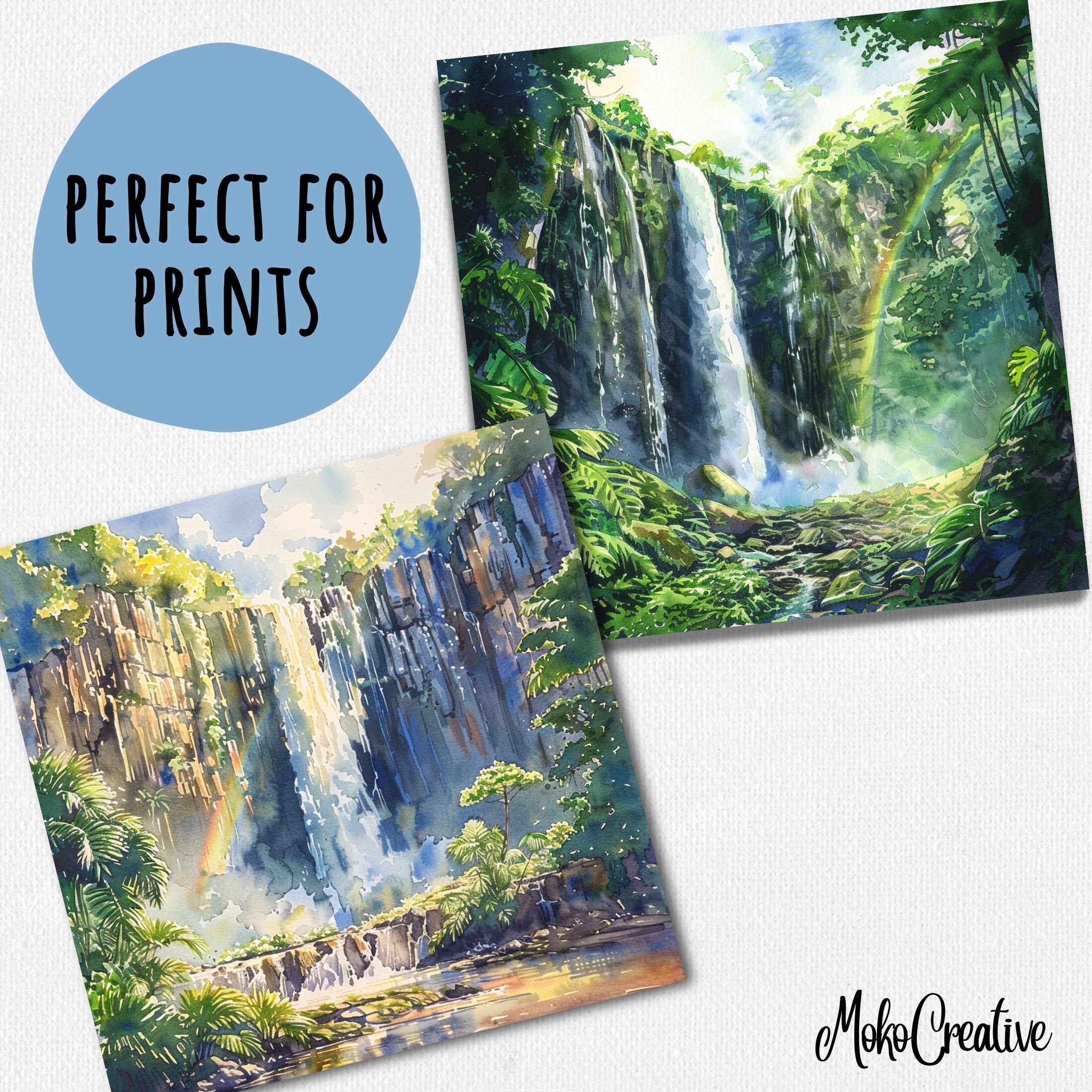 Jungle Waterfall Watercolor Clipart: Tropical Landscape Art (digital ...