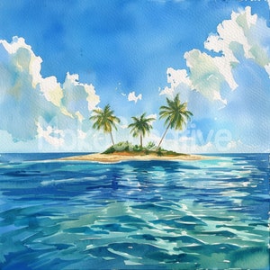 15 hoogwaardige ontwerpen voor kleine tropische eilanden, aquarel zomer oceaan muurkunst, kaarten maken, digitale print, commercieel gebruik direct downloaden