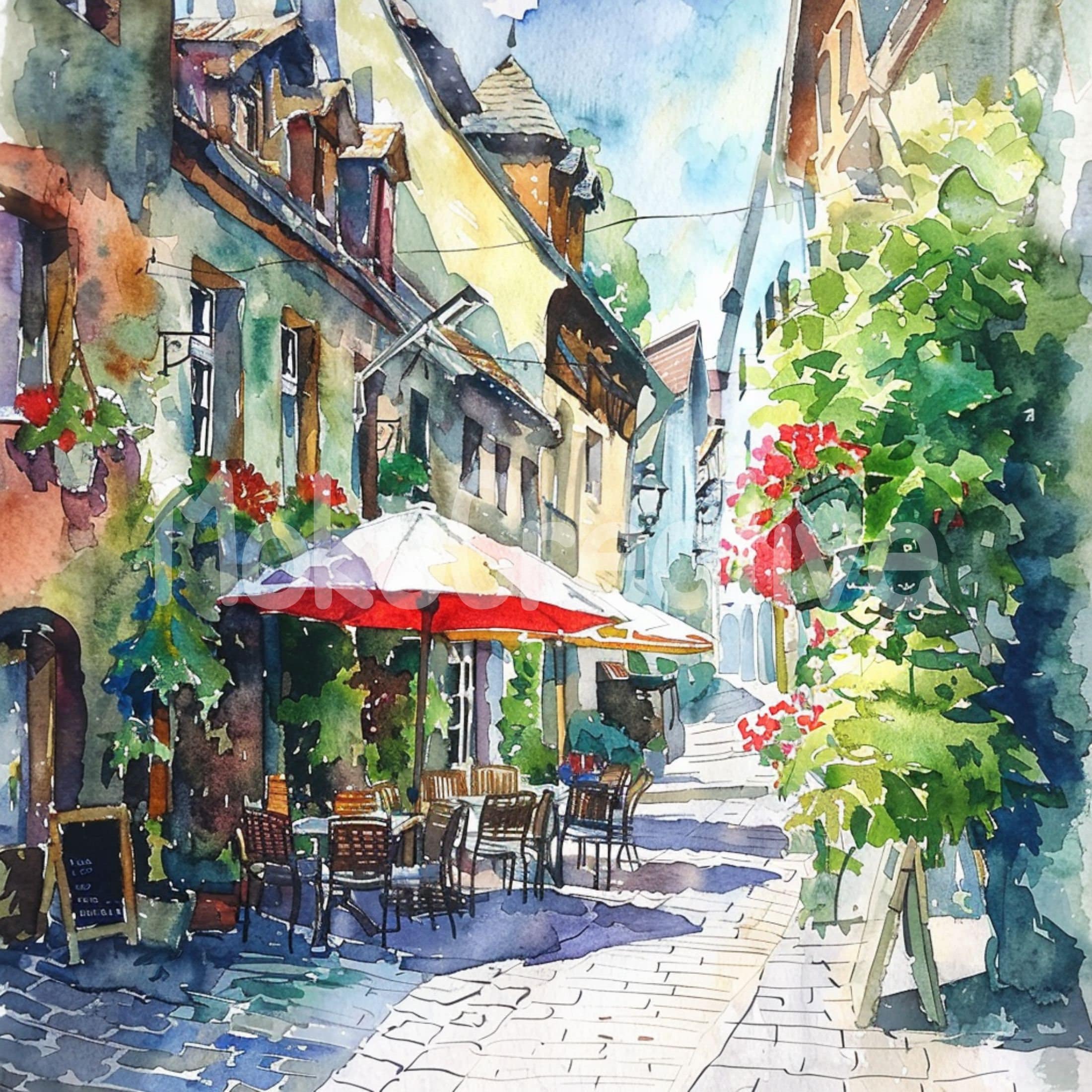 ヨーロッパの街並みの水彩画：夏の市場の風景（デジタルプリント