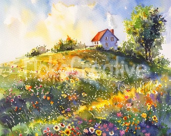 水彩画の農家風景画アートプリント：夏の田園風景（デジタル